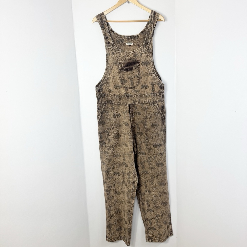Earthbound Unisex Mushroom Print Overalls Large Brown Indie Boho Grunge Earthy